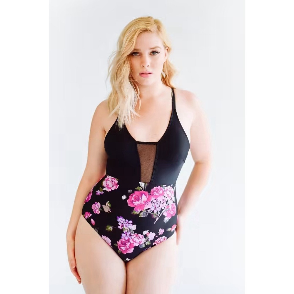 CUPSHE‎ Blooming In The Dream Print One-piece Swimsuit Size Large Floral Black